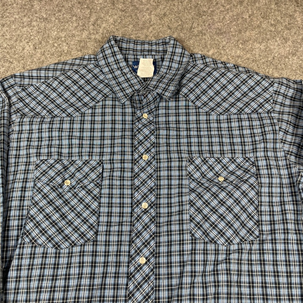 Wrangler Western Pearl Snap Shirt Mens XL Blue Black Plaid Long Sleeve